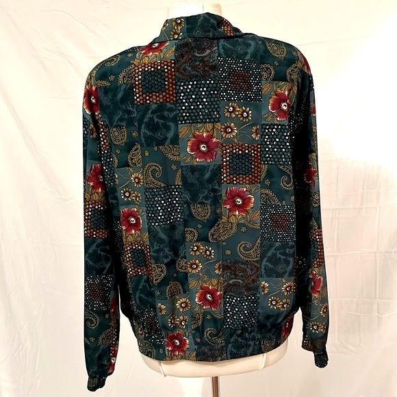 Floral Vintage Zip Up Golden Girls Green Jacket Shoulder Pads Women L - Picture 5 of 12
